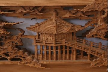在名　古民具・骨董　近江八景　古い杉材製彫刻欄間一対