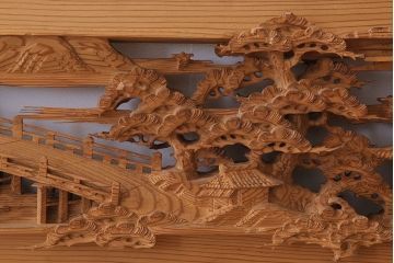 在名　古民具・骨董　近江八景　古い杉材製彫刻欄間一対
