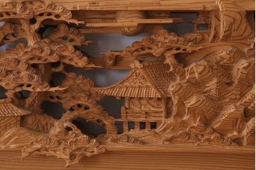 在名　古民具・骨董　近江八景　古い杉材製彫刻欄間一対