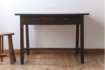 アンティーク家具　引き出し2杯付き!天板カバ材の大きな平机(ダイニングテーブル)
