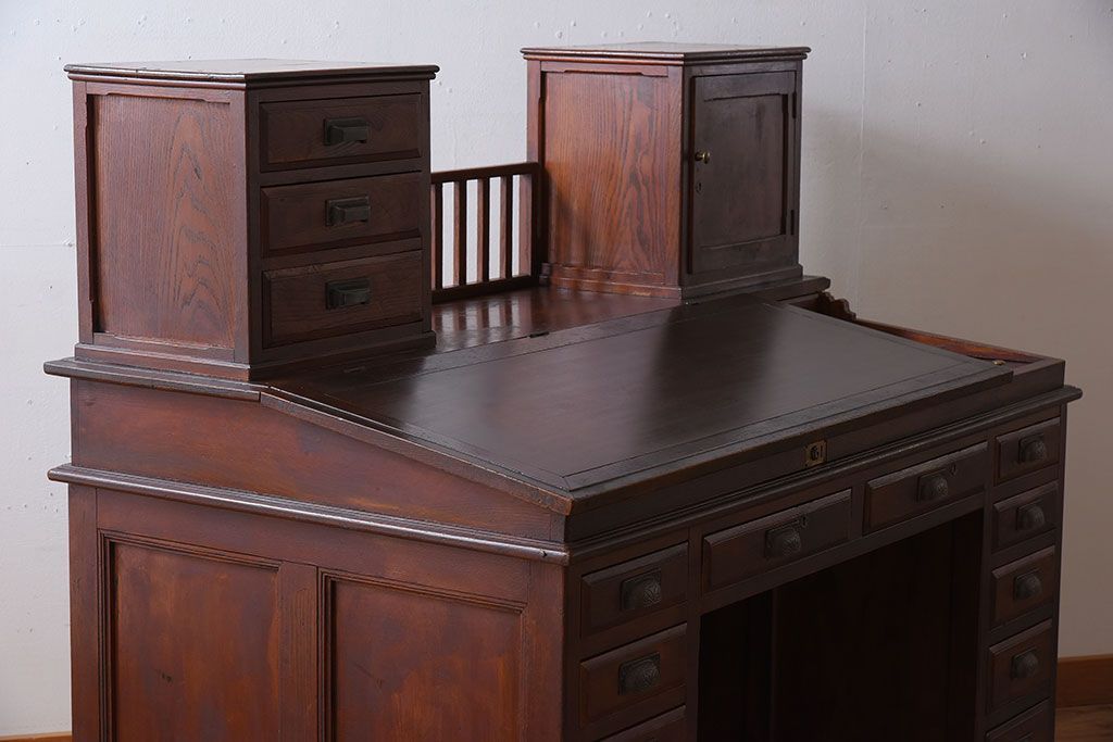 アンティーク家具　大正ロマン　高級品　古い栓材の豪奢な両袖机