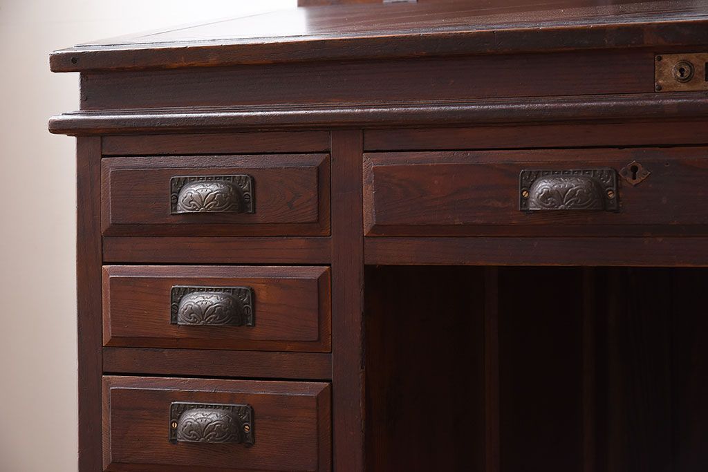 アンティーク家具　大正ロマン　高級品　古い栓材の豪奢な両袖机