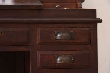 アンティーク家具　大正ロマン　高級品　古い栓材の豪奢な両袖机