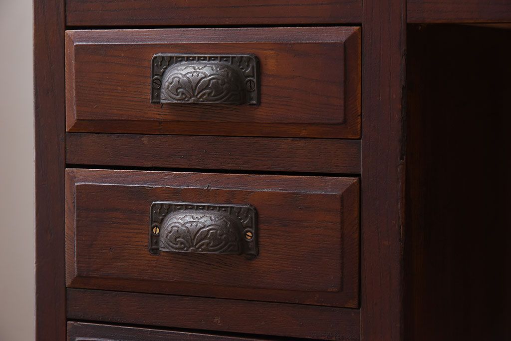 アンティーク家具　大正ロマン　高級品　古い栓材の豪奢な両袖机