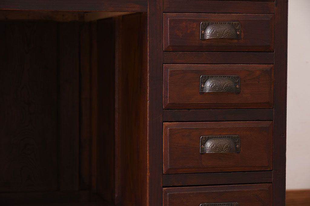 アンティーク家具　大正ロマン　高級品　古い栓材の豪奢な両袖机