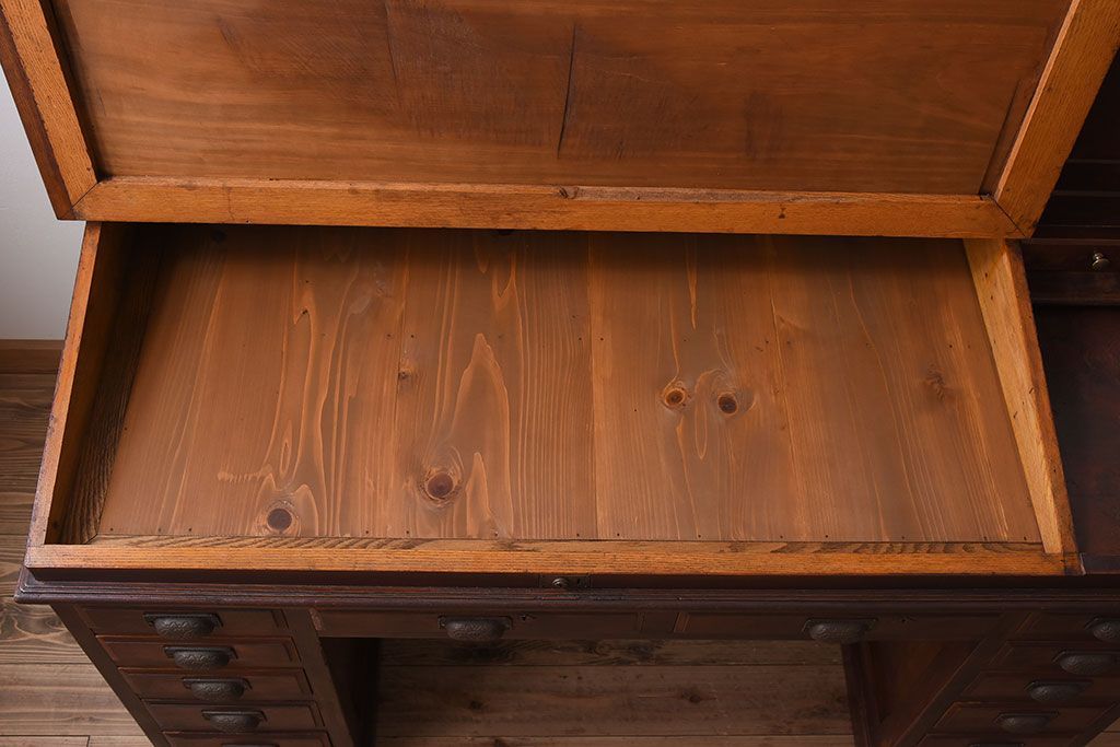 アンティーク家具　大正ロマン　高級品　古い栓材の豪奢な両袖机