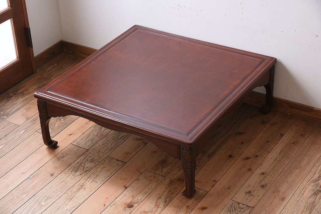 アンティーク家具　鎌倉彫　時代物　漆塗り　彫刻が美しい和製アンティークの大ぶりな座卓(1)