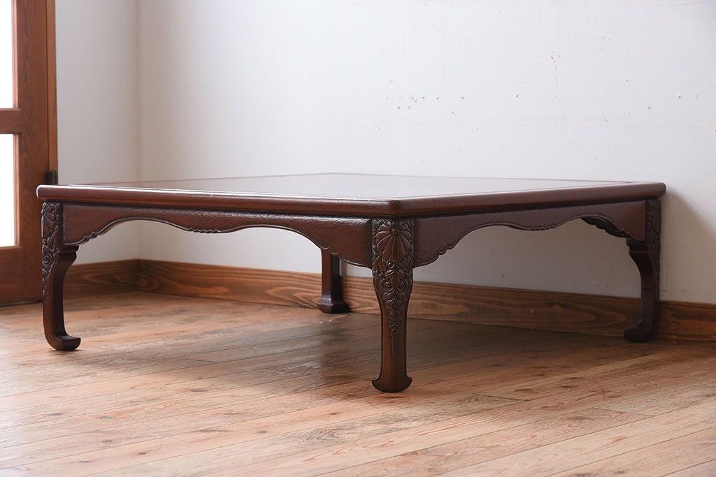 アンティーク家具　鎌倉彫　時代物　漆塗り　彫刻が美しい和製アンティークの大ぶりな座卓(1)