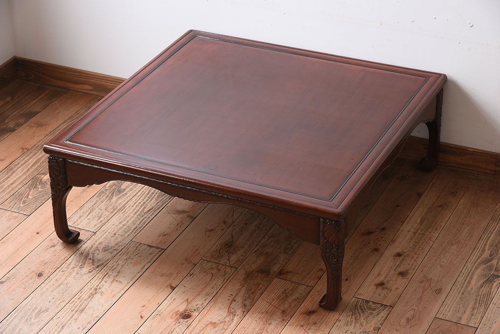 鎌倉彫り　座卓　テーブル　彫刻 家具、骨董　レトロ　古民家　ヴィンテージ 鎌倉彫 座卓 机 テーブル 彫刻 朱色 花柄 四角 和風 家具 レトロ