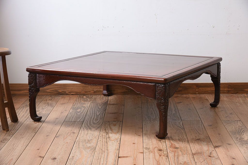 アンティーク家具　鎌倉彫　時代物　漆塗り　彫刻が美しい和製アンティークの大ぶりな座卓(2)