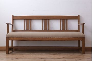レトロ家具　古いナラ材のナチュラルレトロなアンティークソファベンチ