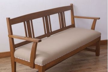 レトロ家具　古いナラ材のナチュラルレトロなアンティークソファベンチ