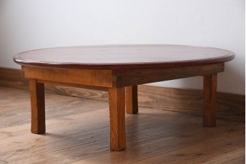 アンティーク家具　古い栓材製のシンプルなアンティーク丸ちゃぶ台(2)