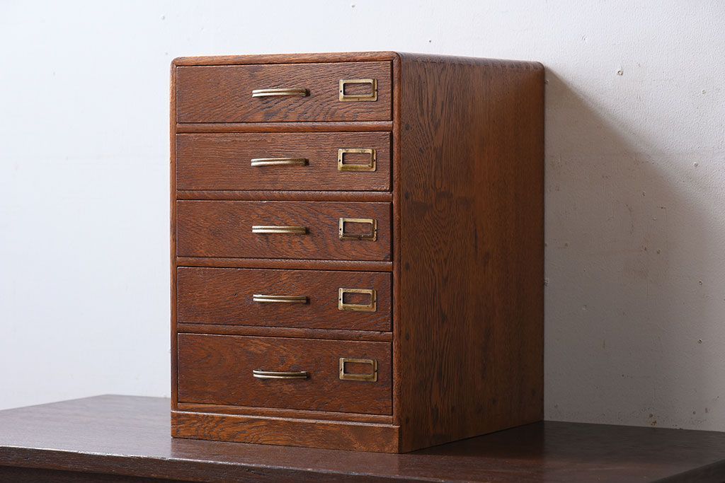 レトロ家具　ネームプレート付き!ナラ材製のレトロなアンティーク小引き出し