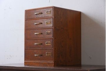 レトロ家具　ネームプレート付き!ナラ材製のレトロなアンティーク小引き出し
