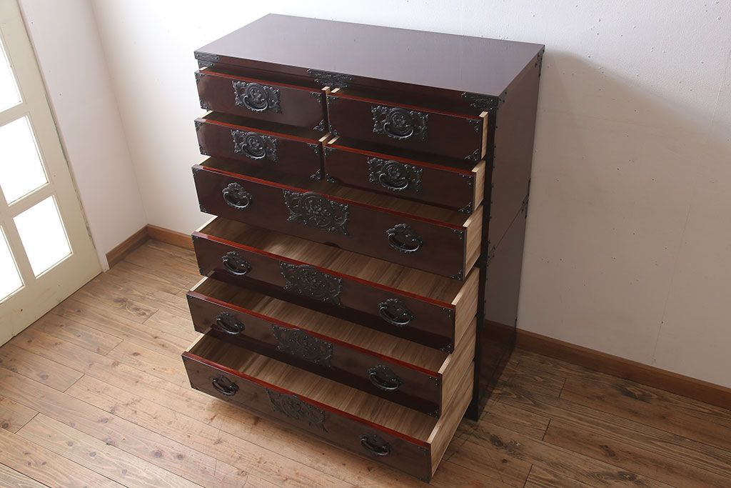 【N様ご成約分】中古　岩谷堂箪笥　手打ち金具　木地呂塗り　上質な重ね衣装箪笥