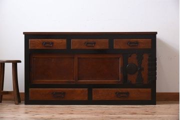 アンティーク家具　古民具・骨董　前面欅材・枠檜材製　明治期の古い時代箪笥サイドボード