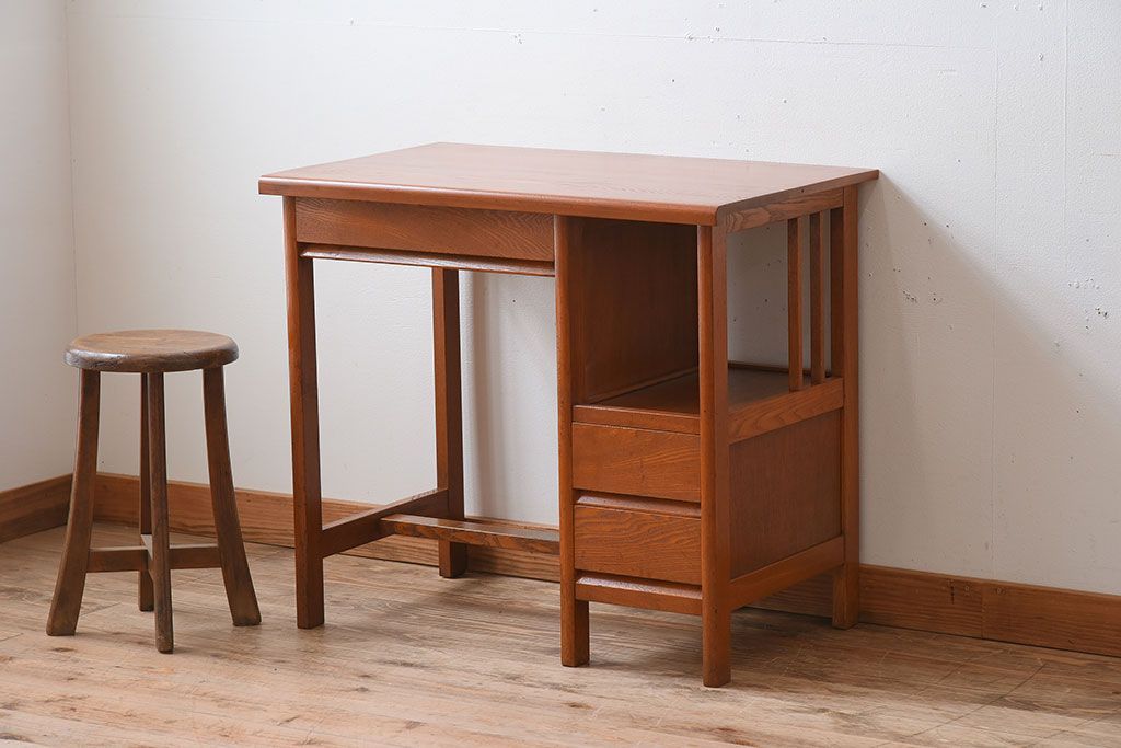 レトロ家具　タモ材製!レトロな和製アンティークの片袖机(デスク)