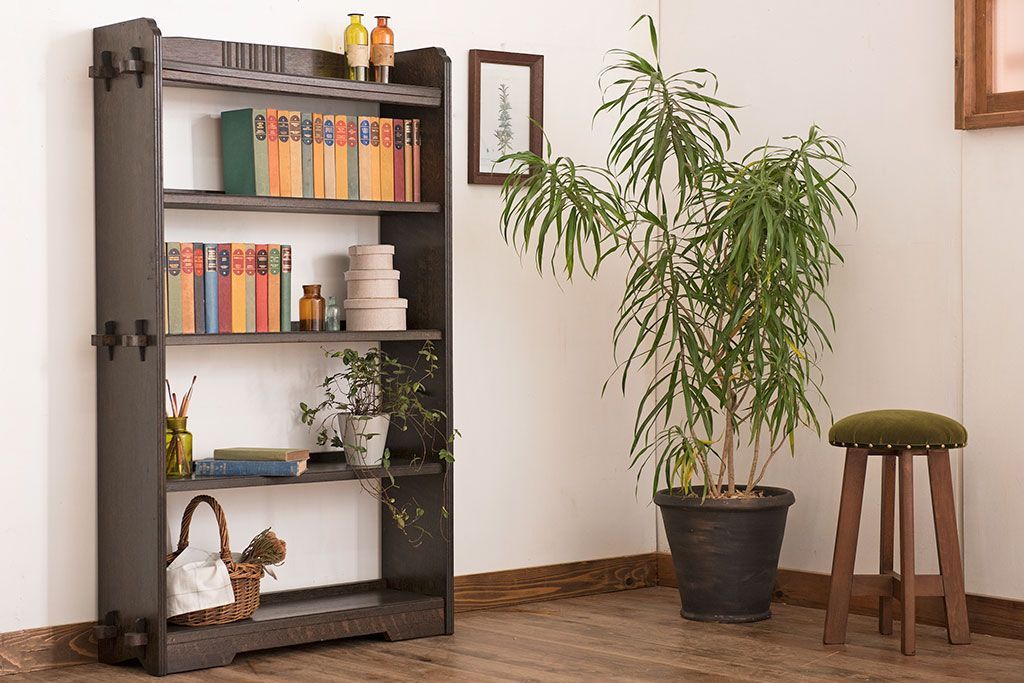 レトロ家具　ラワン材製　古い木のレトロな楔(くさび)式本棚(ディスプレイラック)