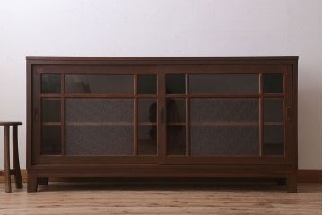 アンティーク家具　ナラ材製!色ガラスとダイヤガラス入りのサイドキャビネット(サイドボード)