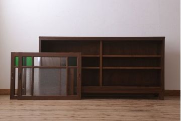アンティーク家具　ナラ材製!色ガラスとダイヤガラス入りのサイドキャビネット(サイドボード)