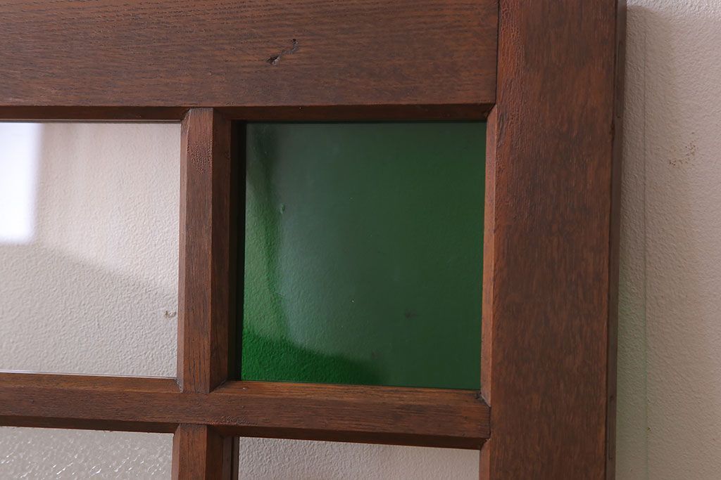 アンティーク家具　ナラ材製!色ガラスとダイヤガラス入りのサイドキャビネット(サイドボード)