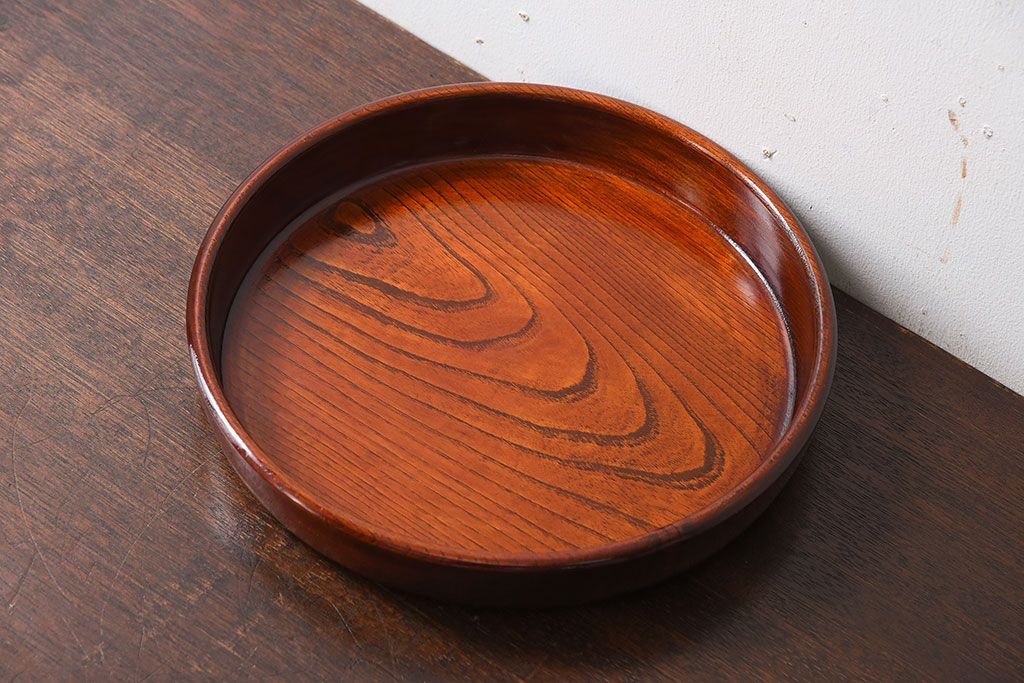 アンティーク雑貨　和製アンティーク　欅材!漆塗りが美しい古い木製丸盆(1)