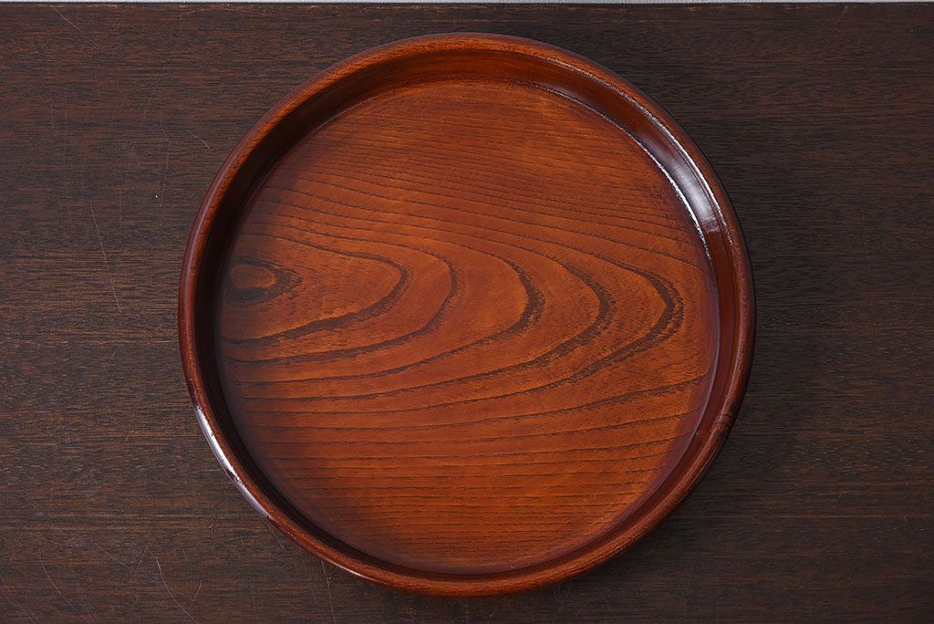 アンティーク雑貨　和製アンティーク　欅材!漆塗りが美しい古い木製丸盆(1)