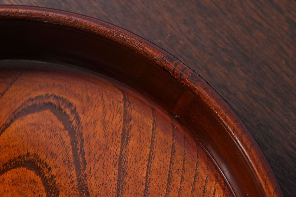 アンティーク雑貨　和製アンティーク　欅材!漆塗りが美しい古い木製丸盆(1)