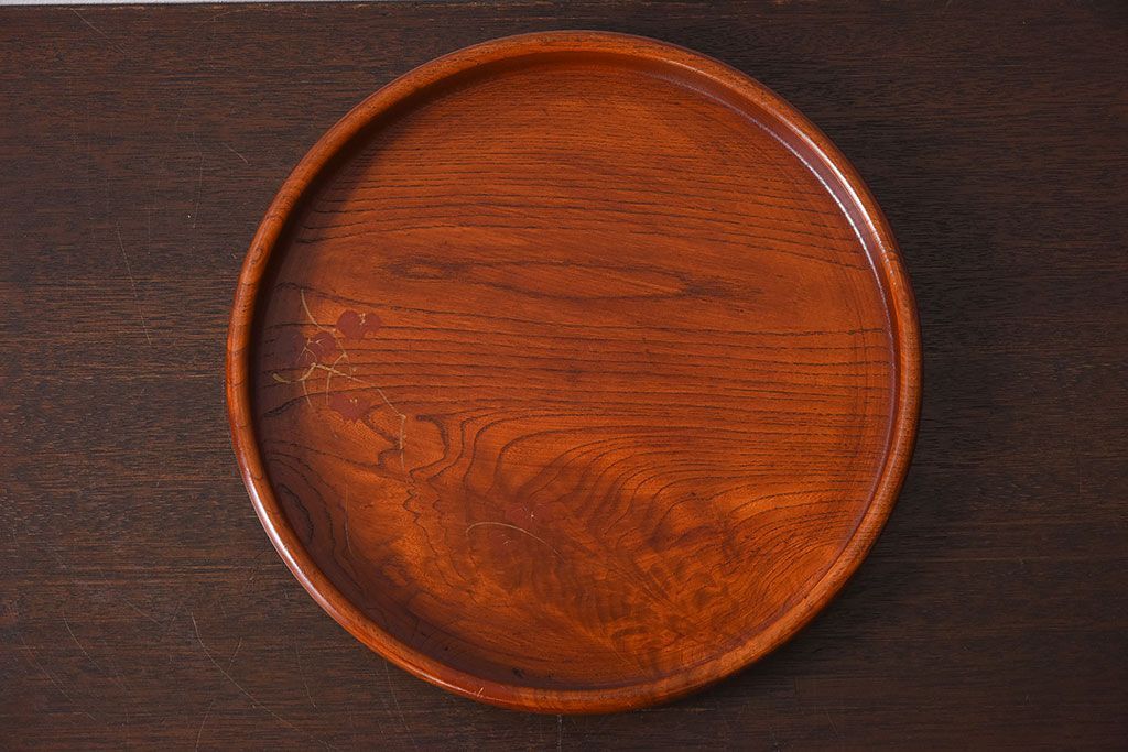 アンティーク雑貨　和製アンティーク　欅材!漆塗りが美しい古い木製丸盆(3)