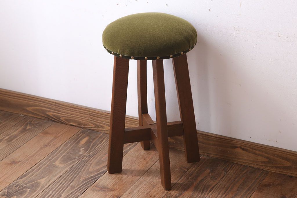 アンティーク家具　古いブナ材製のクッション座面丸スツール(2)