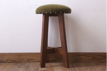 アンティーク家具　古いブナ材製のクッション座面丸スツール(2)