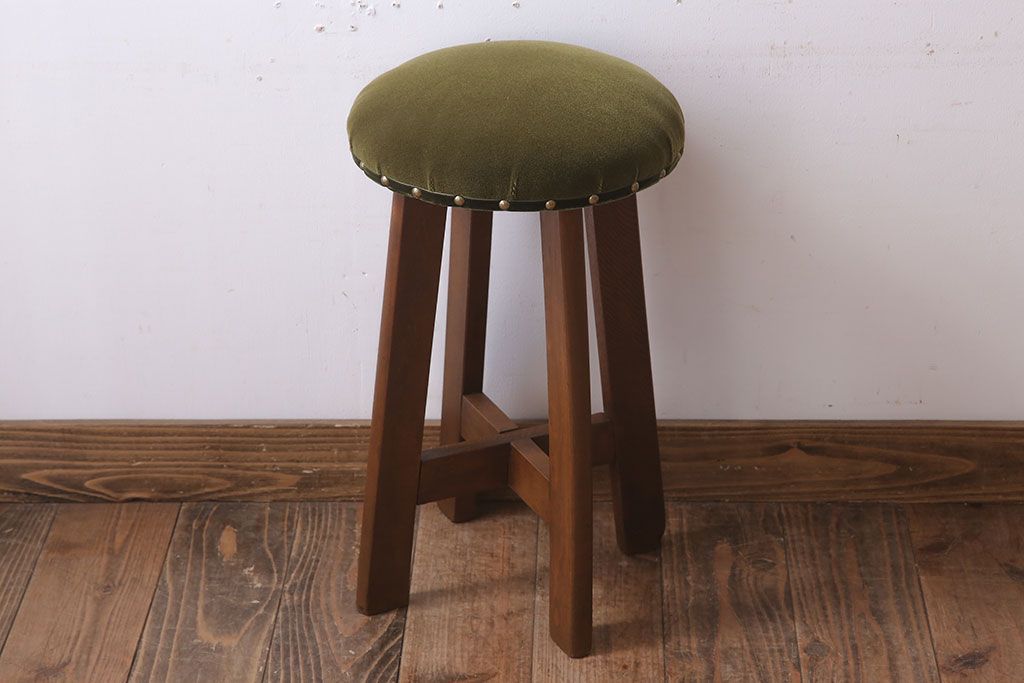 アンティーク家具　古いブナ材製のクッション座面丸スツール(2)