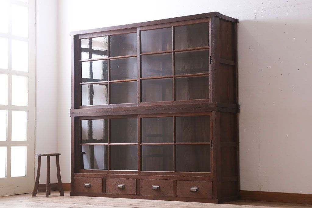 アンティーク家具　和製アンティーク　前面檜材!大きな横型重ね収納棚