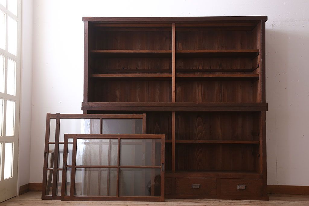 アンティーク家具　和製アンティーク　前面檜材!大きな横型重ね収納棚