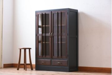 アンティーク家具　ネイビーペイント　古いナラ材のアンティークブックケース(本箱)