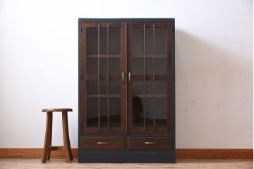 アンティーク家具　ネイビーペイント　古いナラ材のアンティークブックケース(本箱)