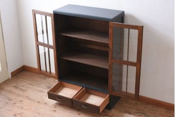 アンティーク家具　ネイビーペイント　古いナラ材のアンティークブックケース(本箱)