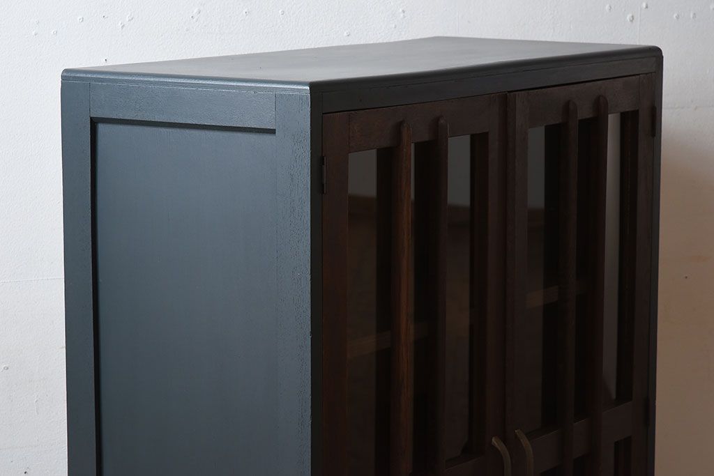 アンティーク家具　ネイビーペイント　古いナラ材のアンティークブックケース(本箱)