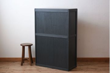 アンティーク家具　ネイビーペイント　古いナラ材のアンティークブックケース(本箱)