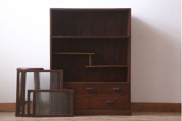 レトロ家具　レトロスタイル　栓材!チェッカーガラス入りのアンティーク収納棚(茶箪笥)