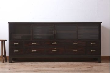 アンティーク家具　和製アンティーク　前面唐木・黒檀材!脚付きの大ぶりローボード(ハーモニカたんす・音色箪笥)