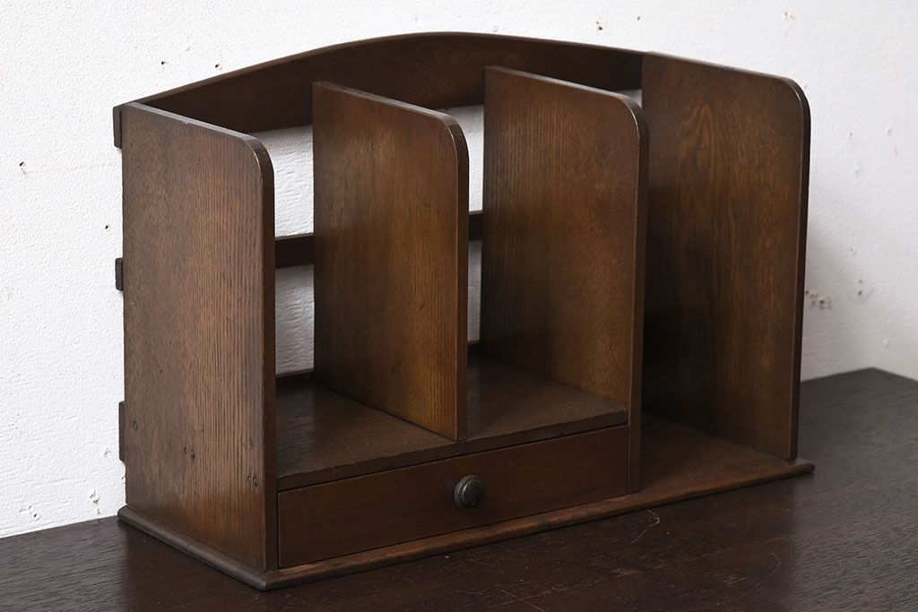 アンティーク雑貨　古い木味のレトロなアンティーク引き出し付き本立て