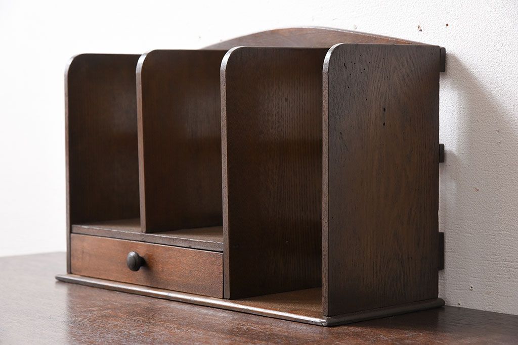 アンティーク雑貨　古い木味のレトロなアンティーク引き出し付き本立て