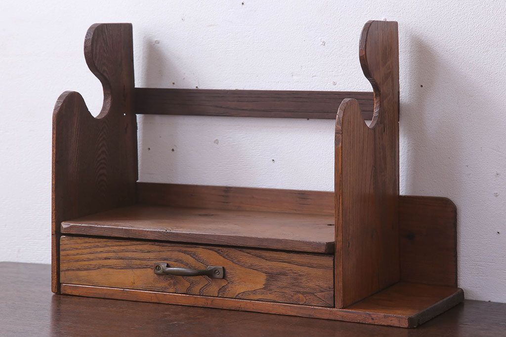 アンティーク雑貨　古い木味のレトロなアンティーク引き出し付き本立て(2)