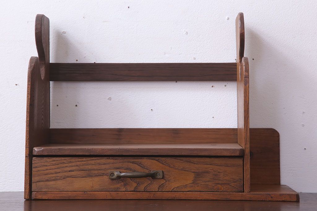 アンティーク雑貨　古い木味のレトロなアンティーク引き出し付き本立て(2)