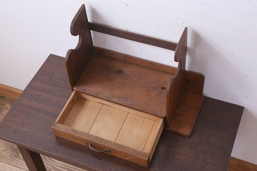 アンティーク雑貨　古い木味のレトロなアンティーク引き出し付き本立て(2)