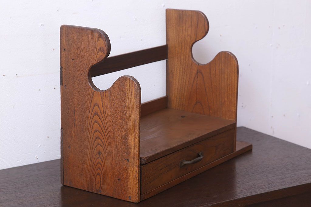 アンティーク雑貨　古い木味のレトロなアンティーク引き出し付き本立て(2)