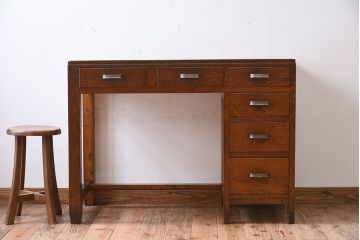 アンティーク家具　タモ材!古い木製のシンプルなアンティーク薄型片袖机