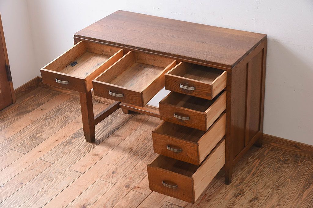 アンティーク家具　タモ材!古い木製のシンプルなアンティーク薄型片袖机